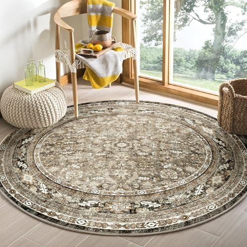 OPPODREAM Vintage Brown Area Rugs 5' Round, Washable Rug for Living Room by OPPODREAM