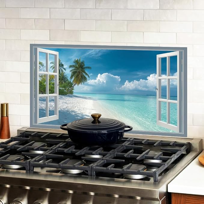 Tropical Beach Kitchen Backsplash Peel and Stick, 30x16 in | Fake window view of white sand beach and turquoise ocean; waterproof peel and stick; wipe clean; 30.31 x 16.14 in - Image 2