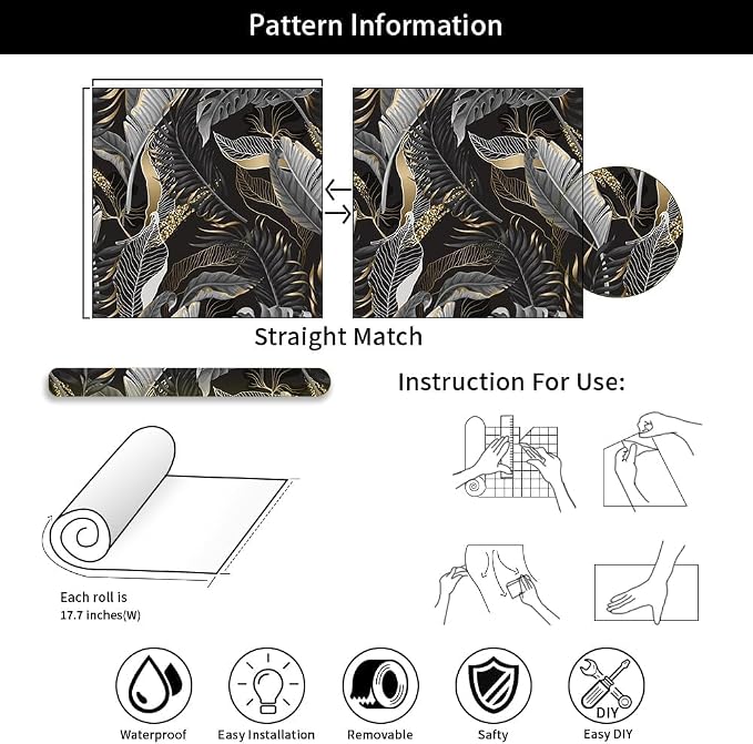 MuralPeel Modern Black Gold Tropical Plant Leaf Dark/Grey Peel and Stick Wallpaper Self Adhesive Removable Easy Peel Off Contact Stick on Wall Paper for Bedroom Renter - Image 7
