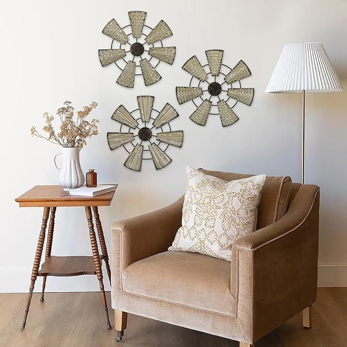 Briful 12" Wall Décor Pack of 3 Metal White & Black Windmill Radial Plate Wall Art Modern Accent Hanging Wall Decorations For Home Office Living Room Wall Sculptures - Image 4