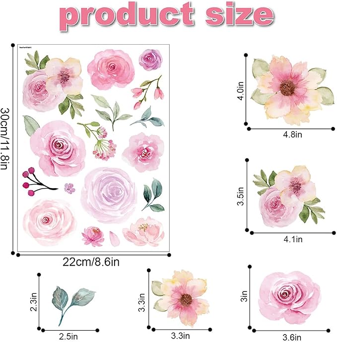 120+ PCS Aesthetic Peel & Stick Watercolor Pink Flower Wall Decals Set | 8 Sheets Removable Rose & Peony Floral Wall Stickers for Bedroom, Girls Room, Living Room & Wedding Backdrops Decor - Image 2
