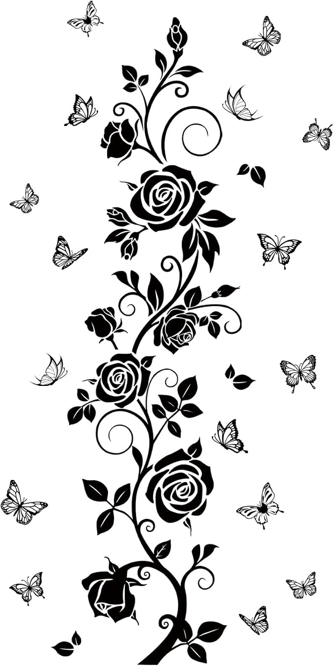 Flower Vine Decals Flying Butterfly Black Floral Wall Stickers Removable Wall Art Decor for Living Room Bedroom by FUFUQUARE