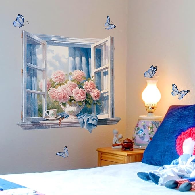 3D Window View Wall Decal - Faux Open Window with Pink Roses and Blue Butterflies, Peel and Stick Removable Wall Mural for Bedroom, Living Room, Nursery, Home Office Decor - Image 4