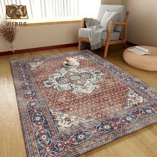 Washable Area Rug 6' x 9' Vintage Traditional Persian Mat - Foldable Distressed Non-Slip Machine Washable Carpet for Living Room Bedroom Kitchen Home Decor - Terracotta and Navy - Image 4