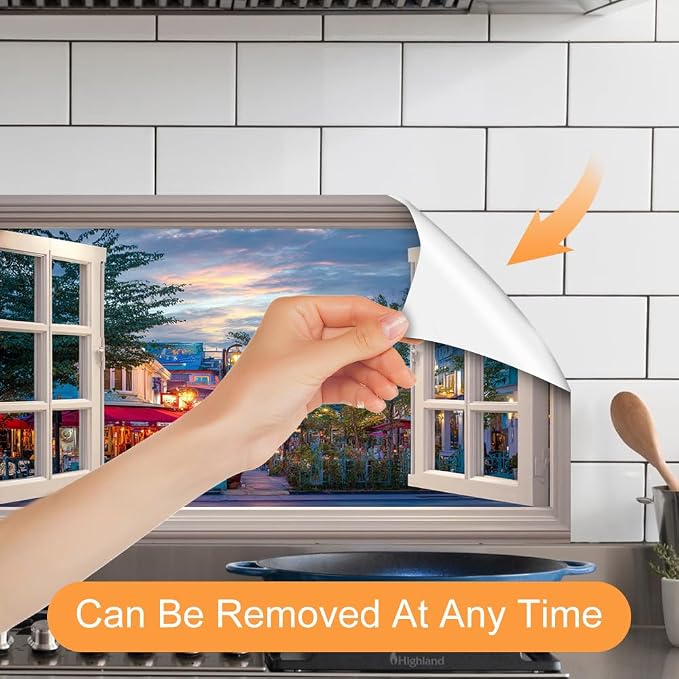 European Cafe City Kitchen Backsplash Peel and Stick, 30x16 in | Window view of evening cafe street with warm lanterns and awnings; flat 2D waterproof peel and stick; wipe clean; 30x16 in - Image 3