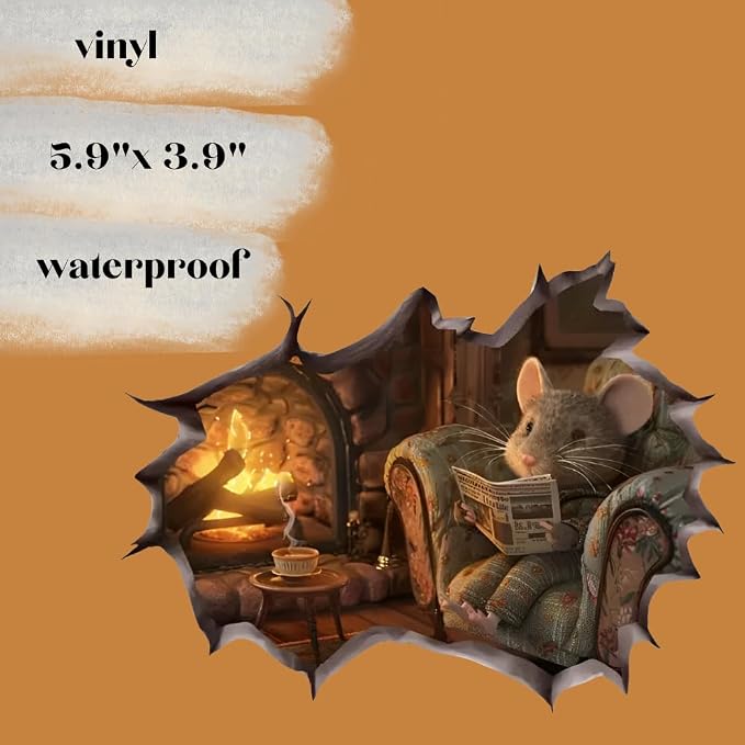 Cozy Mouse Wall Decal, 3D Fireplace Scene Decorative Sticker, Vinyl Home Decor (Cozy) - Image 3