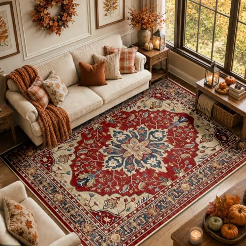 RELEANY Washable Area Rug, 5'x7', Red/Blue by RELEANY