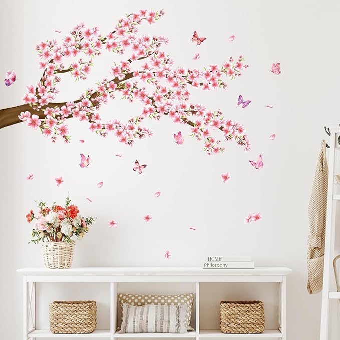 Pink Floral Wall Decal Cherry Blossom Wall Stickers Spring Flower Butterfly Room Decor Peel and Stick Pink Tree Branch Wall Sticker for Bedroom by Aurbhosa