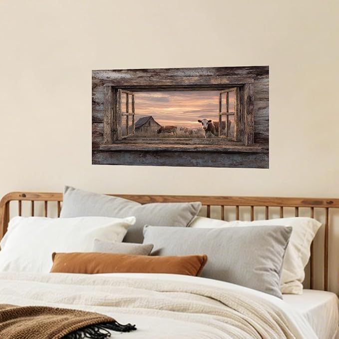 Farmhouse Cow Barn Kitchen Backsplash Peel and Stick, 30x16 in | Rustic wood frame window view of cows and barn at golden sunset; flat 2D waterproof peel and stick; wipe clean; 30x16 in - Image 7