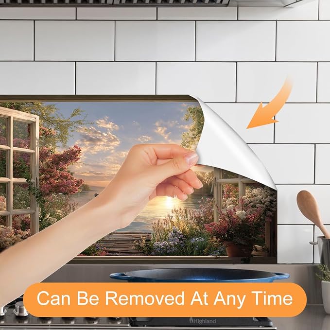Lake Sunset Kitchen Backsplash Peel and Stick, 30x16 in | Garden window view of golden sunset over flower-lined lake with boats; flat 2D waterproof peel and stick; wipe clean - Image 3