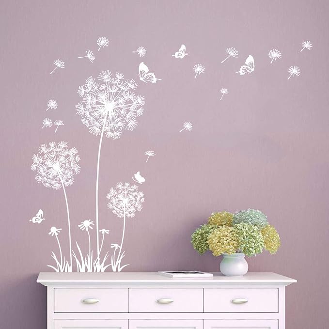 Runtoo White Dandelion Art Stickers - Large Flower Butterfly Wall Decals for Bedroom and Living Room Decor - Image 3