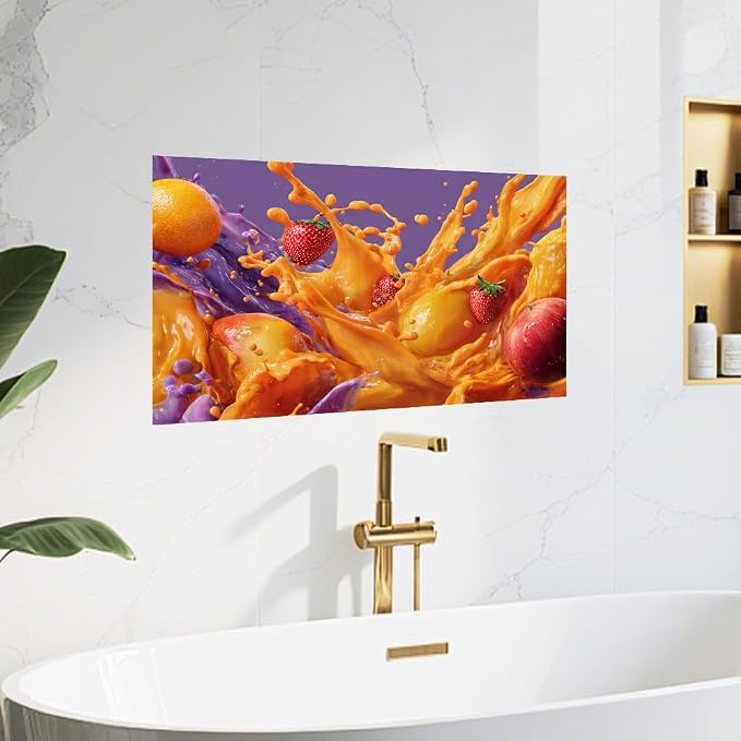 Tropical Fruit Splash Kitchen Backsplash Peel and Stick, 30x16 in | Bold mango, strawberry and orange juice splash on vivid purple background; flat 2D peel and stick; wipe clean; 30x16 in - Image 8