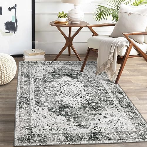 Moynesa Ultra-Thin Washable Area Rug - 3x5 Gray Entryway Rug Stain Resistance Kitchen Mat, Non Slip Non Shedding Pet Friendly Vintage Bathroom Carpet for Indoor Bedroom Living Laundry Room by Moynesa