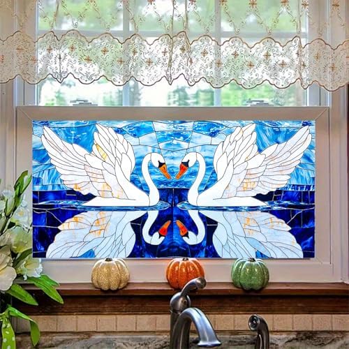HOMETITUTE Swan Pair Stained Glass Window Cling 39.3x17.7 Inch PVC - Image 6