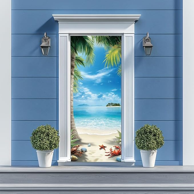 arricraft 2 Pcs Self-Adhesive Beach Scene Door Wall Stickers, 31.5"x78.7", PVC Material, Blue, Green, Rectangular, Indoor Use - Image 7