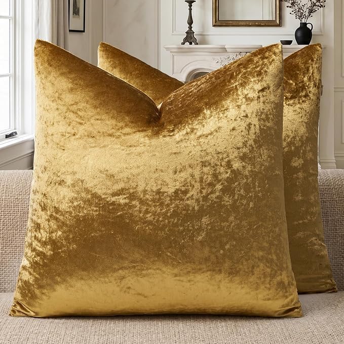 GIGIZAZA Crushed Velvet Pillow Covers - Luxury Gold 22x22 Decorative Throw Pillows Soft Covers for Couch Living Room Bed Textured Vintage Square Pillowcases Cushion Covers Pack of 2 by GIGIZAZAFocusingonhomedecoration