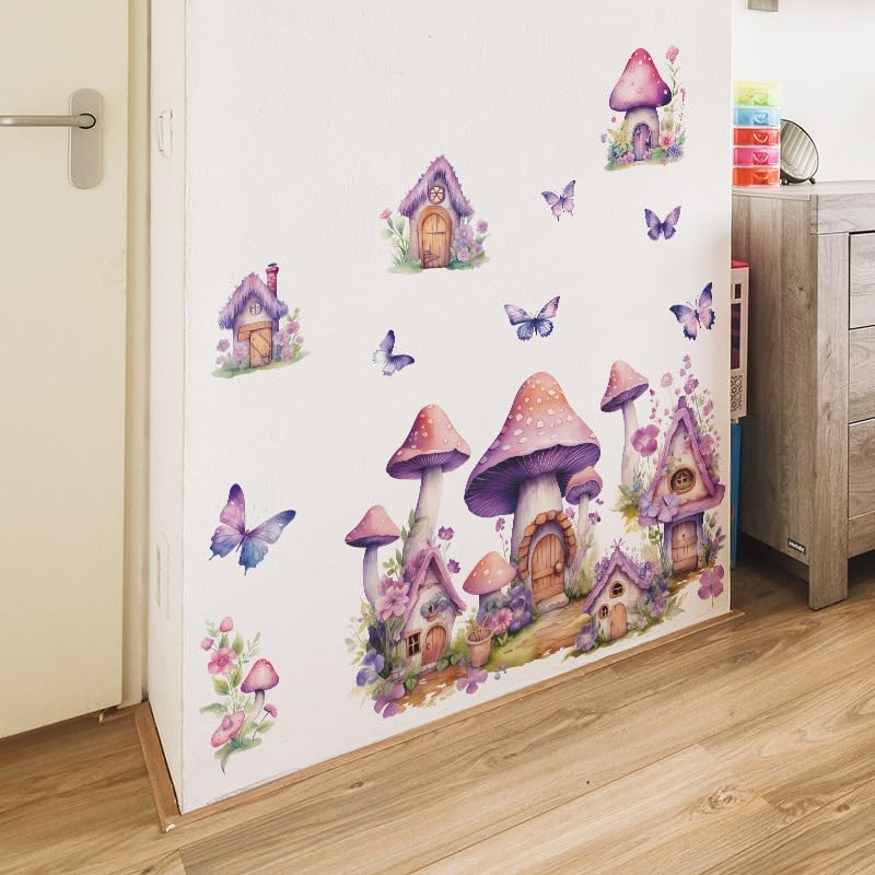2 Sheets Purple Cartoon Mushroom House Wall Stickers Removable DIY Green Plants and Flower Wall Stickers Viny Purple Butterfly Wall Decal for Girls Home Nursery Bedroom Bathroom Decoration - Image 6