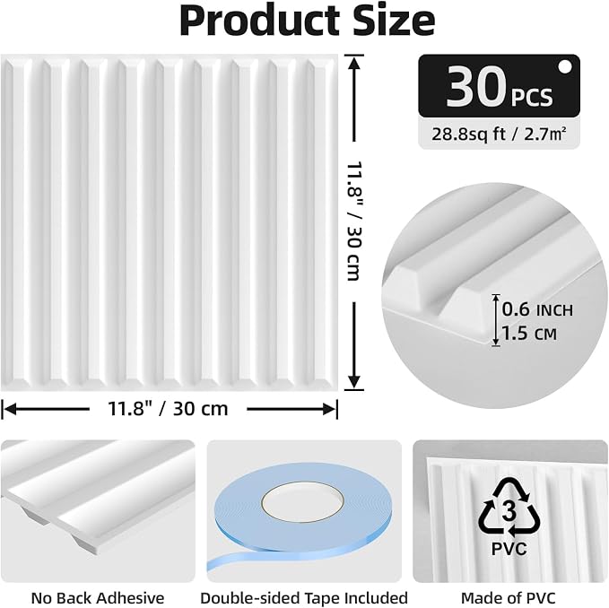 WADILE 30 Pack 3D Wall Panels Peel and Stick, 11.8"x11.8" Black PVC Decorative Wall Panels for Interior Wall Decor, Living Room, Bedroom, TV Background, Gaming Room, Home Wall Art, White - Image 2
