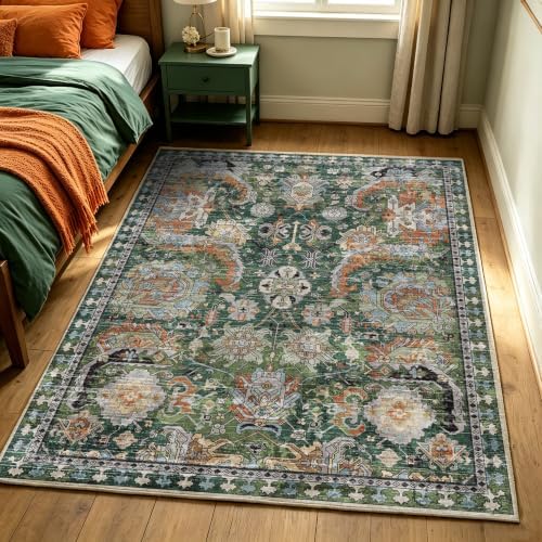 RUGSURE Washable Area Rugs - Perfect for Living Room, Bedroom, Kids Room, Nursery - Stain & Water Resistant Non-Slip, Pet & Child Friendly, Vintage Tribal Area Rugs (Green, 4' x 6') - Image 4