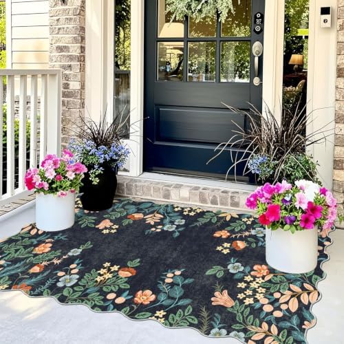 Dark Navy Floral Entry Rug - 3x5 Ft Washable Indoor Outdoor Mats for Front Door Porch Rug Non-Slip Spring Door Mat Boho Throw Rugs for Living Room Bedroom Entryway Kitchen Office Porch Decor - Image 3