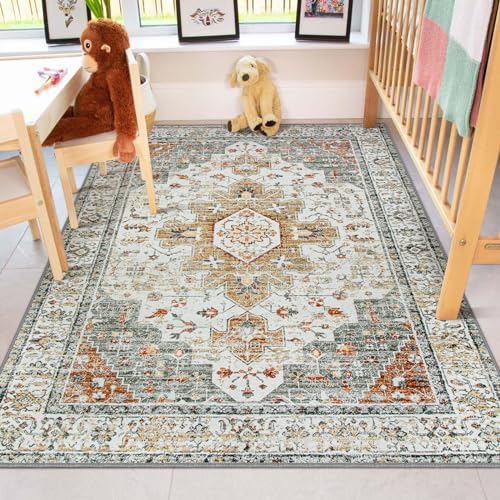 Moynesa Ultra-Thin Washable Area Rug - 4x6 Vintage Living Room Rugs Non-Shed Non Slip, Oriental Low Pile Indoor Accent Floor Carpet for Bathroom Bedroom Laundry Mudroom Entrance, Beige/Gold - Image 6