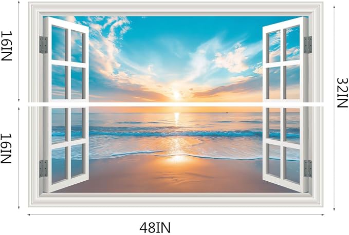 Fake Window Wall Decal Summer Ocean Beach Seascape Faux Window Poster Sticker Picture Open Wall Art Decor, Stick and Peel Landscape Natural Scenery Sunset Coastal Canvas Scene Mural（48"x32"） - Image 2