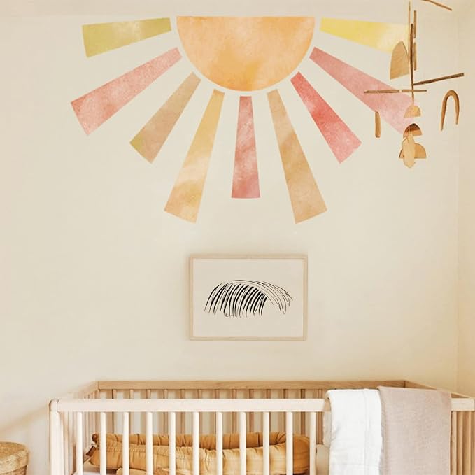 Large Pastel Boho Sun Wall Decal for Kids Room and Nursery | 48.07" x 24.82" Calming Texture Fabric Decal, Peel and Stick Nursery Sun Rise Wall Mural for Kids Bedroom and Classroom by astrkiz