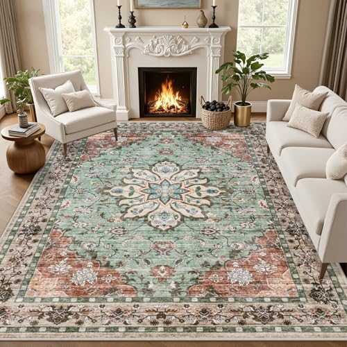 8x10 Area Rugs Living Room: Washable Rug for Bedroom Brown Green by EXPEDIX