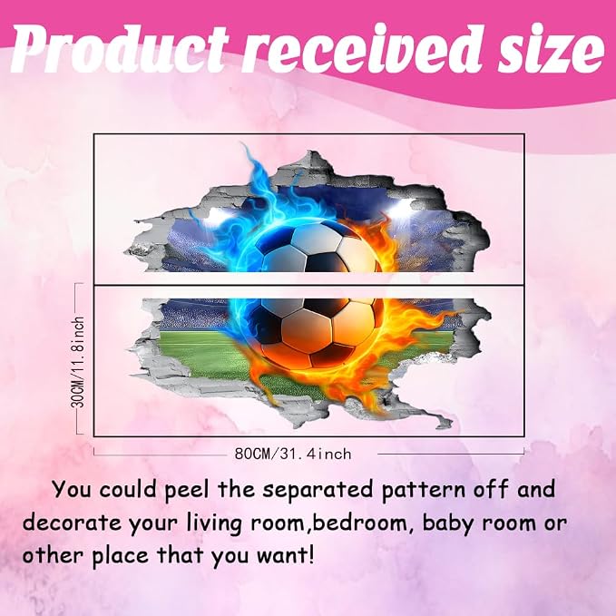 SUPERDANT 3D Soccer Wall Sticker Flame Football Break Through Wall Decal Peel and Stick Vinyl Art Mural for Boys Kids Room Bedroom Livingroom Playroom Home Nursery Decoration Gifts - Image 2