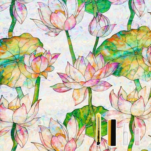 Donox Window Privacy Film Static Cling, Decorative Stained Glass Style Tint, Lotus Pattern with Rainbow Effect for Home and Office, UV Blocking No Glue Removable, 17.5 x 157.4 inches by Donox