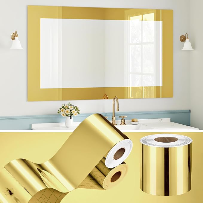 WESTICK Gold Mirror Tape Border Bathroom Peel and Stick Gold Wallpaper Borders Waterproof Flexible Glossy Mirror Frame Border for Classroom Kitchen Home Decoration DIY Gift Wrap Trim 4" x 394" by WESTICK