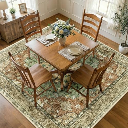 RELEANY Washable Area Rug, Square 8'x8', Brick/Brown/Green - Image 3