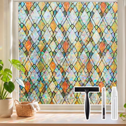 Sunbaby Stained Glass Winodw Film, Rainbow Lattice Stickers, 35.4"x78.7" by SUNBABY