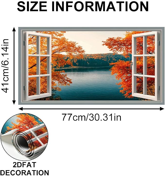Autumn Lake Kitchen Backsplash Peel and Stick, 30x16 in | Open window view of fiery orange autumn forest over still blue lake; flat 2D waterproof peel and stick; wipe clean; 30x16 in - Image 6