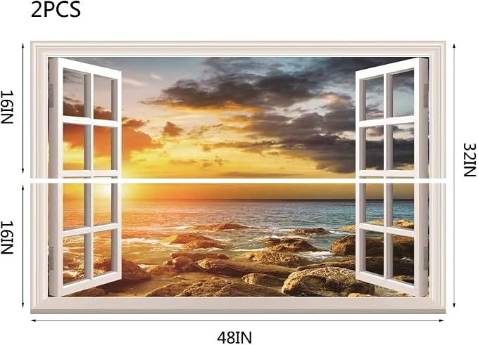 Fake Window Wall Sticker- Sunset Beach Seascape Open Wall Art Decal | Faux Window Ocean Natural Landscape Mural｜Stick and Peel Wall Decals｜Room Bedroom Office Scene Decor｜48"x32",Set of 2 Sheets - Image 4