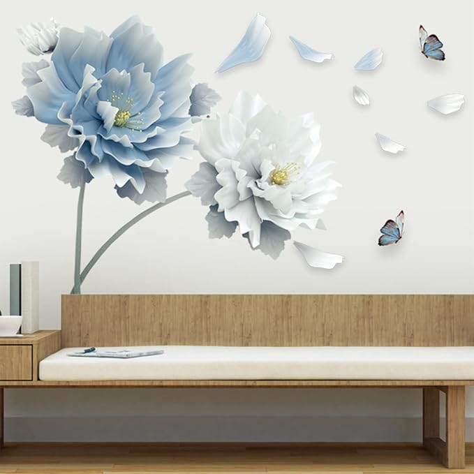 Blue Flower Butterfly Floral Wall Decals DIY Craft Art Decor Wall Stickers Murals,Peel and Stick Removable Waterproof Decorative Decoration,for Living Room TV Background Kids Gilrs Rooms Bedroom - Image 4