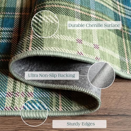 Front Door Mat Indoor Entrance - 2x4.3 Green Teal Tartan Plaid Rug - Image 2