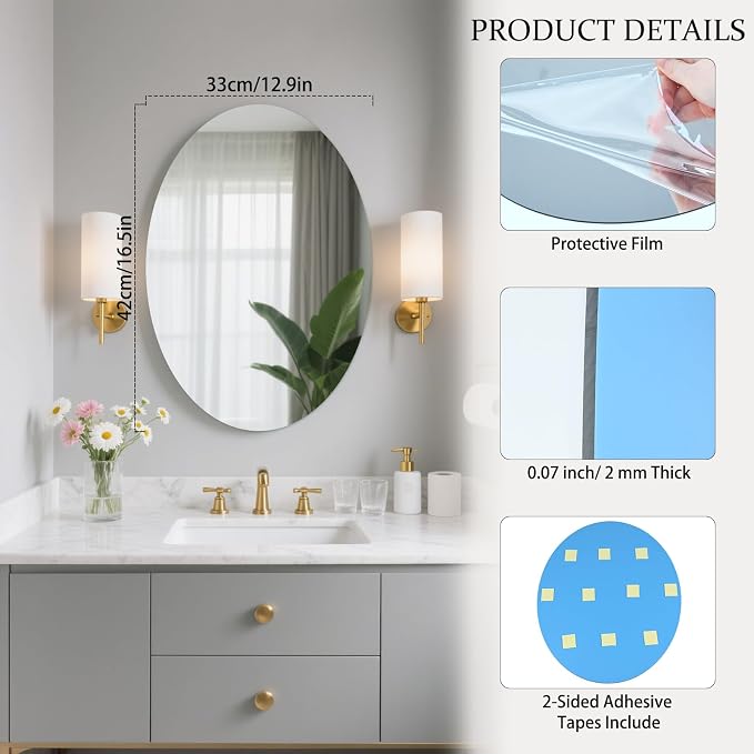 16.5 x 13 inch Frameless Oval Wall Mirror for Bathroom Sink - Image 2