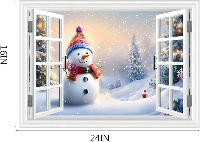 Fake Window Wall Decal - Merry Christmas Snowman Conifer Snow Scene Sticker | ｜Faux Window Merry Christmas Wall Art Mural ｜ Stick and Peel Wall Decals｜for Xmas Room Bedroom Office Picture Decor｜24"x16" - Image 5