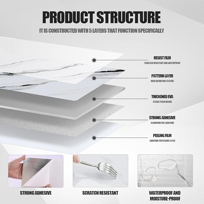 Chejiaye 10pcs Marble Peel and Stick Backsplash Waterproof Washroom Wall Panels, Peel and Stick Tile, PVC Foam Wall Panels for Kitchen,Bathroom,living room,White and Black(Not Real Tile,11.8" x 11.8") - Image 5