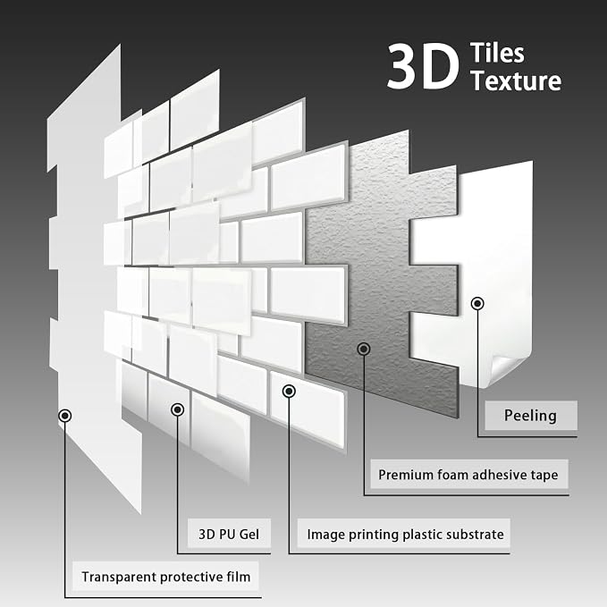 Arttown Peel and Stick 3D Wall Backsplash, 10-Sheet, 12" × 12" White | Subway Tiles Self Adhesive Thicker Design Wall Tile Panel Wallpaper for Kitchen Bathroom Balcony - Image 5