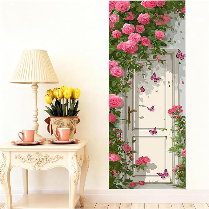 Rose Garden Door Mural, Pink Floral Gate Butterfly Door Cover | Waterproof PVC, 30.3" W x 78.7" L; pink rose garden design for bedroom, entryway, living room or closet doors. - Image 4