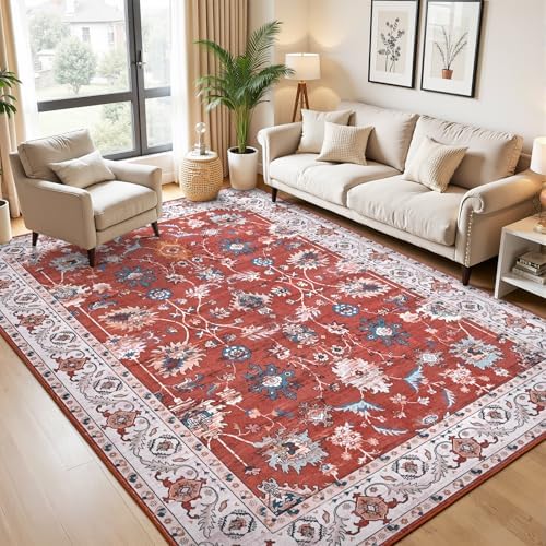 Hanples 6x9 Area Rugs for Living Room, Washable Rug Vintage Floral, Red - Image 2