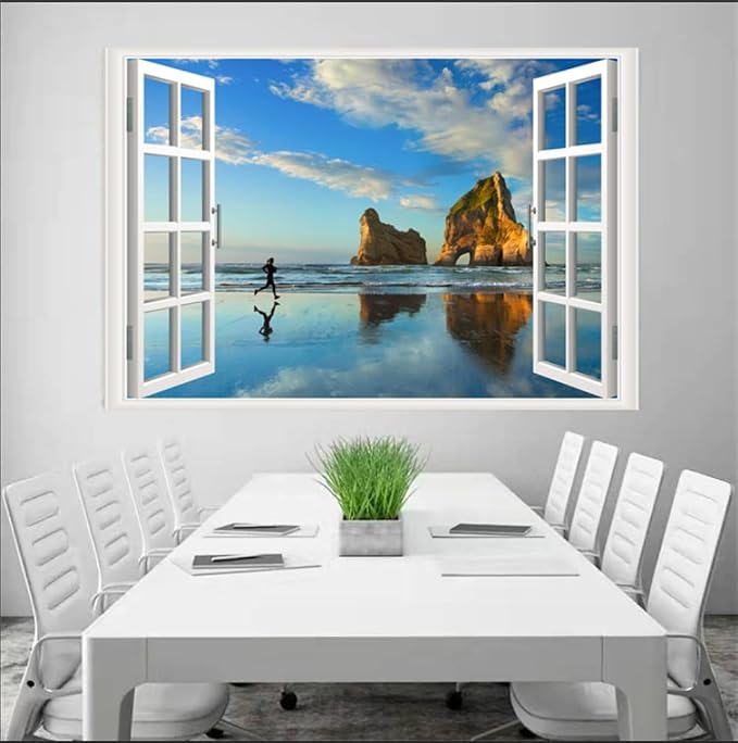 Self-Adhesive Wall Sticker Romantic Living Room Bedroom Study Office Decorative Wall Sticker Ocean Scenery Fake Window Sticker Mural (17.3"×27.6", Early Morning Beach) - Image 3