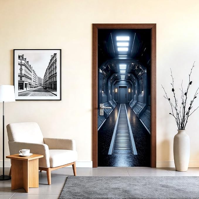 Sci Fi Corridor Door Mural, Futuristic Space Door Cover | Waterproof PVC, 30.3" W x 78.7" L; futuristic corridor design for bedroom, game room, office or closet doors. - Image 5
