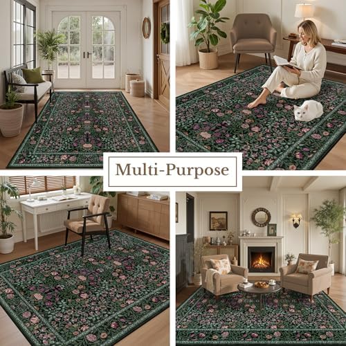 5x7 Area Rug Living Room: Soft Floral Washable Boho Carpet Green - Image 5