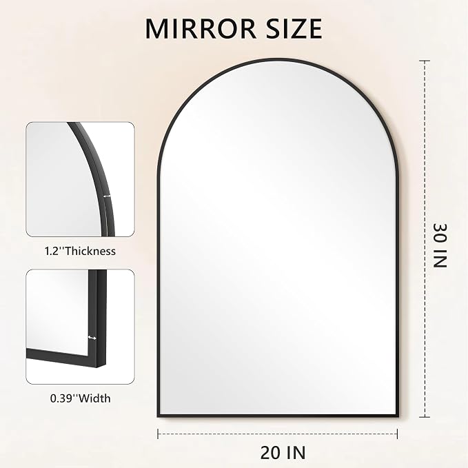 Arched Bathroom Mirror for Wall, 30" x 20" Metal Frame Vanity Mirror, Black - Image 7