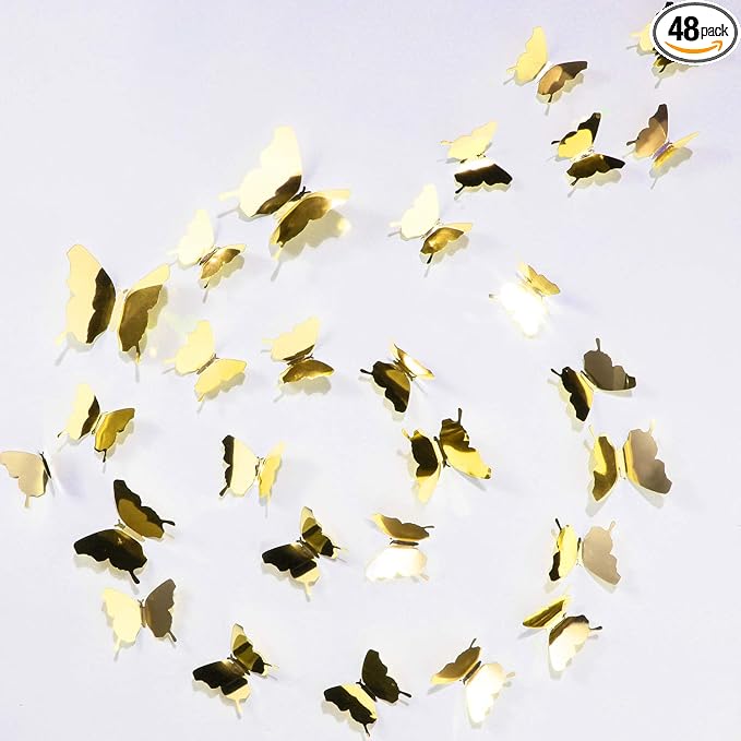 BBTO 48 Pcs 3D Butterfly Mirror Wall Decor,Gold | Butterfly Stickers,3 Sizes,for Birthday Party Cake,Room Nursery Bathroom Wall Decor,Removable Peel Stick,Reflective by BBTO