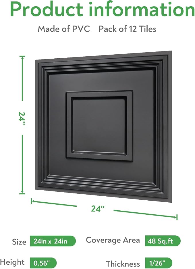 STICKGOO Black PVC Ceiling Tiles, 24 x 24 in, 12 Pack | 2 x 2ft Drop ceiling panels, covers 48 sq ft, lightweight, ideal for glue-up installation or covering existing ceiling - Image 5