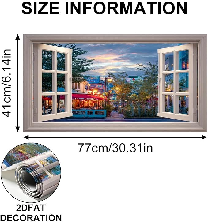 European Cafe City Kitchen Backsplash Peel and Stick, 30x16 in | Window view of evening cafe street with warm lanterns and awnings; flat 2D waterproof peel and stick; wipe clean; 30x16 in - Image 6